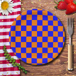 Neon Blue Orange Checkered Checkerboard Vintag Pappteller<br><div class="desc">Neon Blue und Orange Checkered Checkerboard | VINTAG | Classic | Trendy | Stilvoll | Mode | Minimal</div>