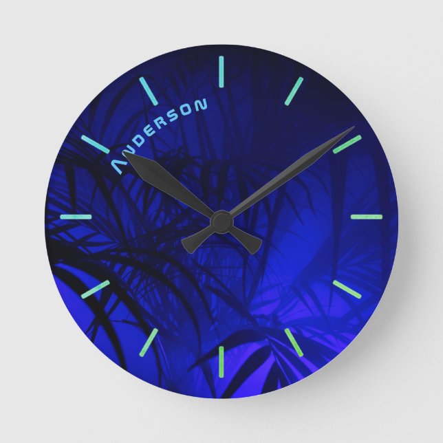 Neon BLUE PALM Personalisierte Mauer Runde Wanduhr (Vorderseite)