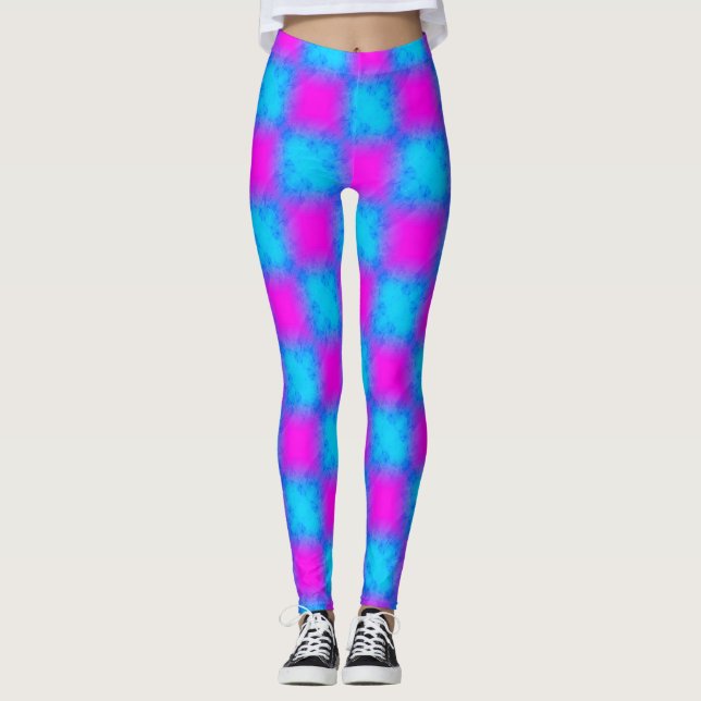 Neon Blue & Pink Checkered Pattern Leggings (Vorderseite)