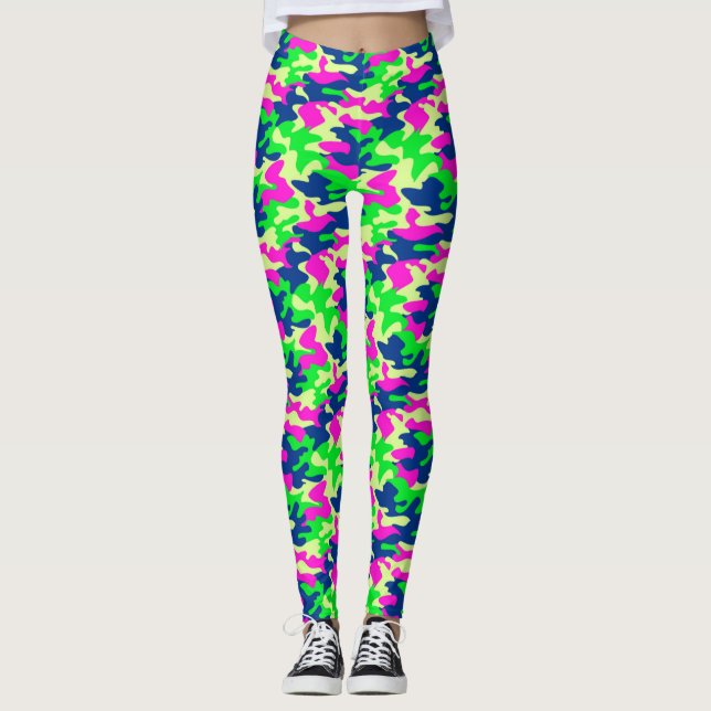 Neon Blue, Pink & Green Camouflage Leggings (Vorderseite)