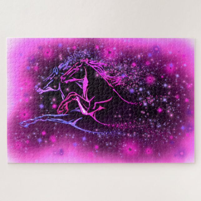 Neon Blue Pink Pair Pferde Running Jigsaw Puzzle (Horizontal)