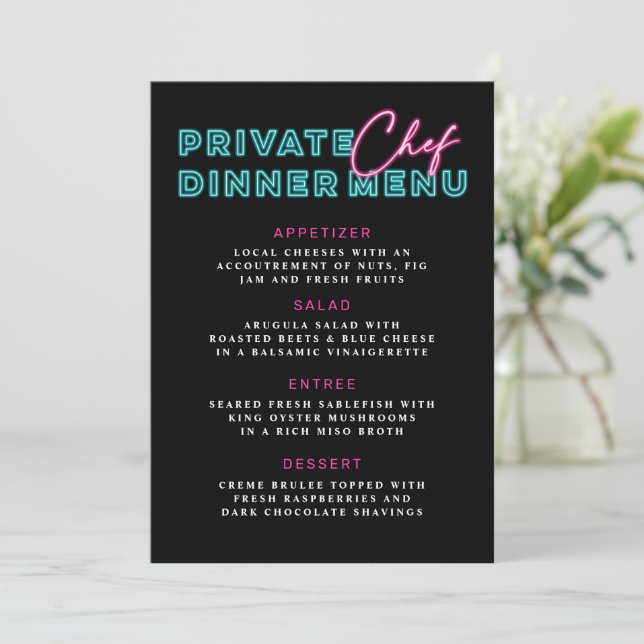 Neon Blue & Pink Private Koch Dinner Menu Einladung (Stehend Vorderseite)