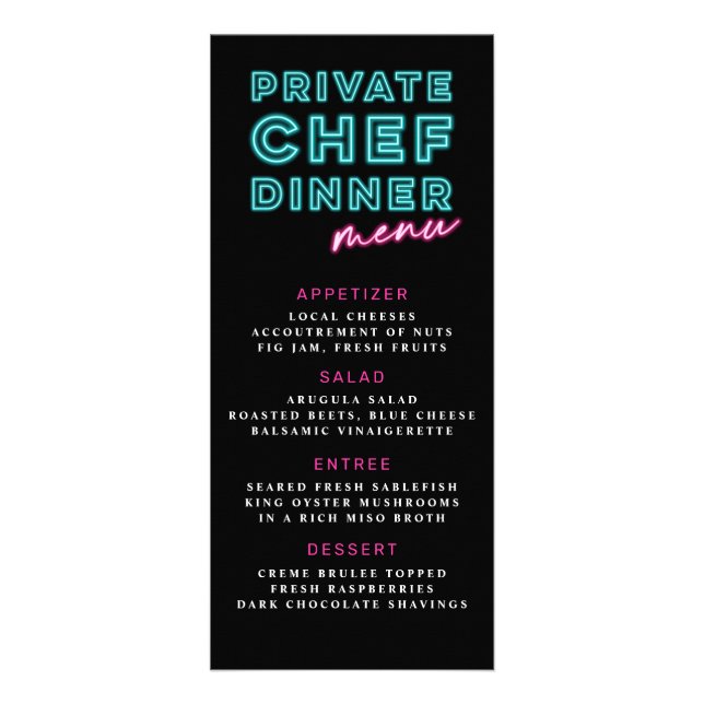 Neon Blue & Pink Private Koch Dinner Menu Werbekarte (Vorne)