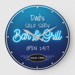 Neon Blue Script Vaters oder Bar Grill für beliebi Große Wanduhr