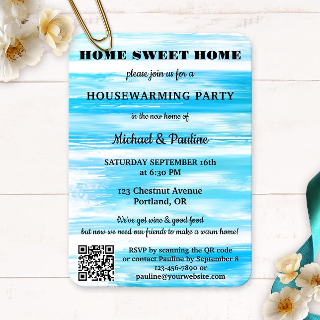 Neon Blue Türkise Paint QR Housewarming Einladung (Housewarming party invitation featuring a grunge turquoise blue painted design with QR code template)