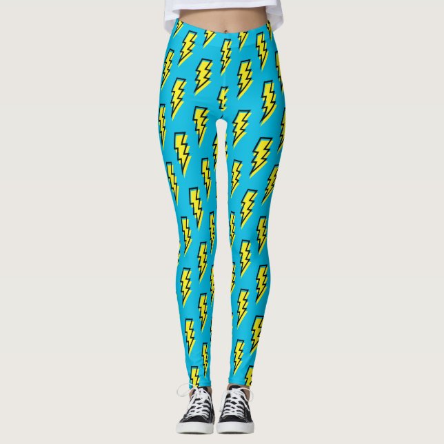 Neon Blue Yellow Lightning Bolt Pattern der 80er/9 Leggings (Vorderseite)