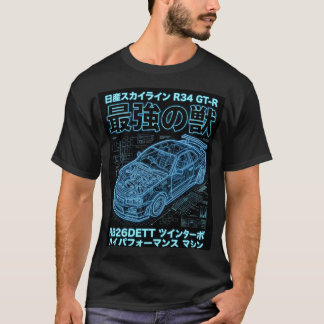 Neon-Blueprint Skyline R34 Techwear-Grafik T-Shirt