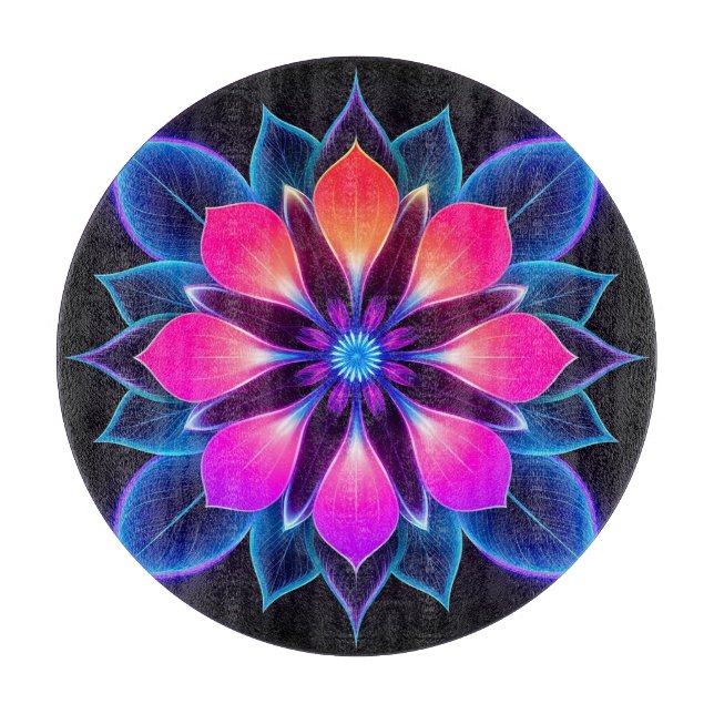 Neon Blume mit blauen Lichtmustern Schneidebrett (Vorderseite)