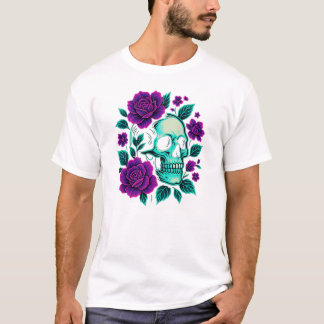 Neon-Blüte – Totenkopf in Rosen T-Shirt