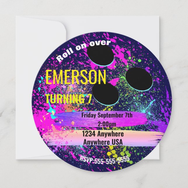 NEON BOWLING BALL, Bowling, Glow Bowling Geburtsta Einladung (Vorderseite)