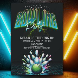 Neon Bowling Birthday Einladung