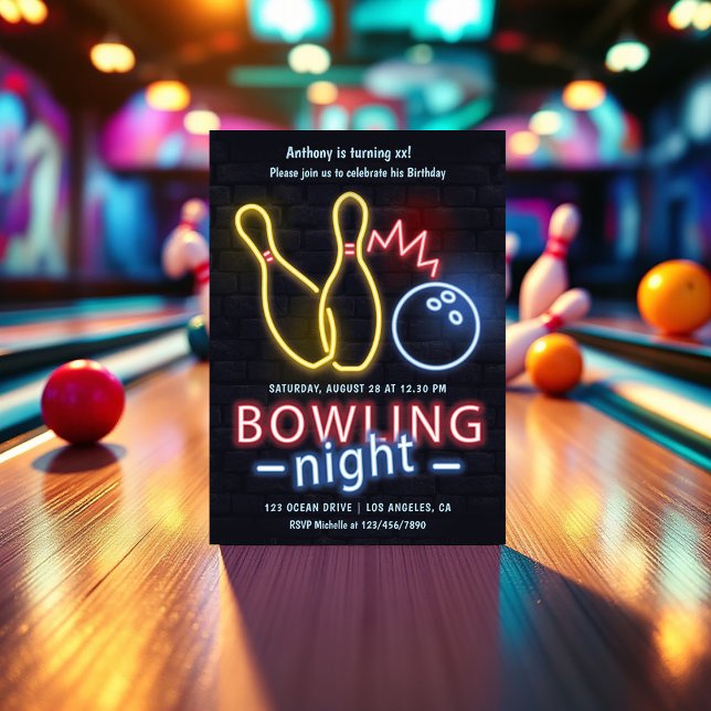 Neon Bowling Night Birthday Party Einladung (Neon Bowling Birthday Party Invitation)