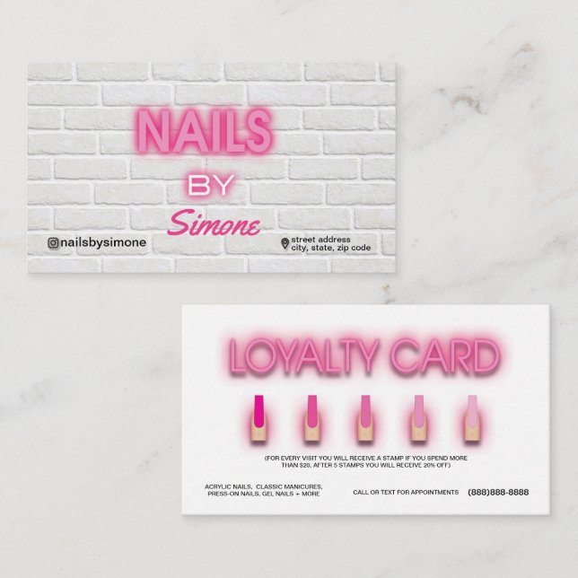 Neon & Brick Background Nail Artist Business Card Visitenkarte (Vorne/Hinten)