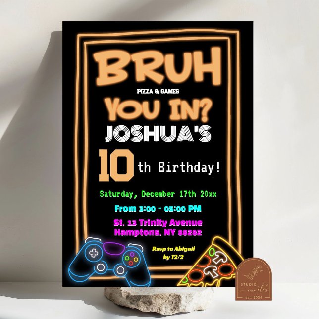 Neon Bruh in You Pizza and Games Birthday Einladung (Von Creator hochgeladen)