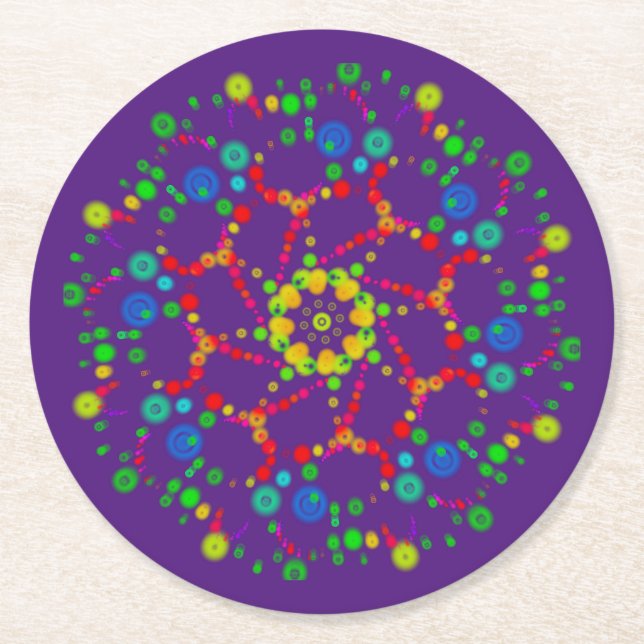 Neon Bubble Orbs Mandala auf Deep Lila Runder Pappuntersetzer (Vorderseite)