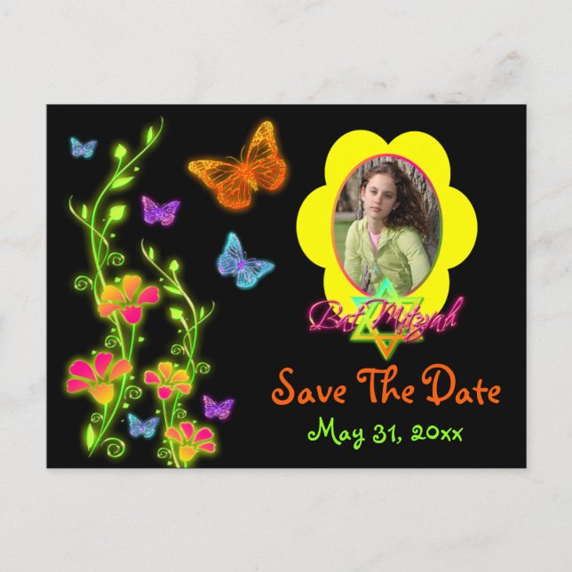 Neon Butterfells FOTO Save the Date Postkarte (Vorderseite)