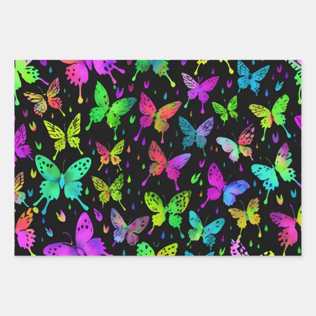 Neon Butterflies auf schwarzem Hintergrund Vibranl Geschenkpapier Set (Vorderseite 2)