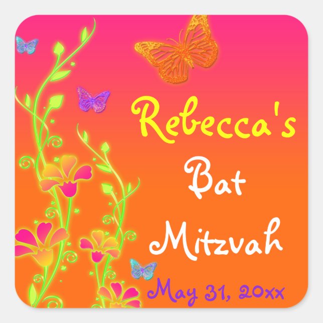 Neon Butterflies und Blume Bat Mitzvah Sticker (Vorderseite)
