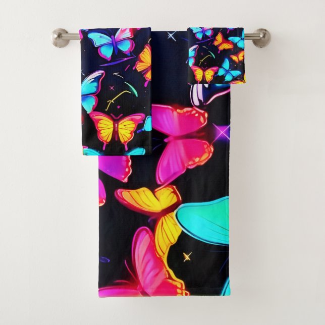 Neon Butterfly Pattern Badhandtuch Set (Insitu)