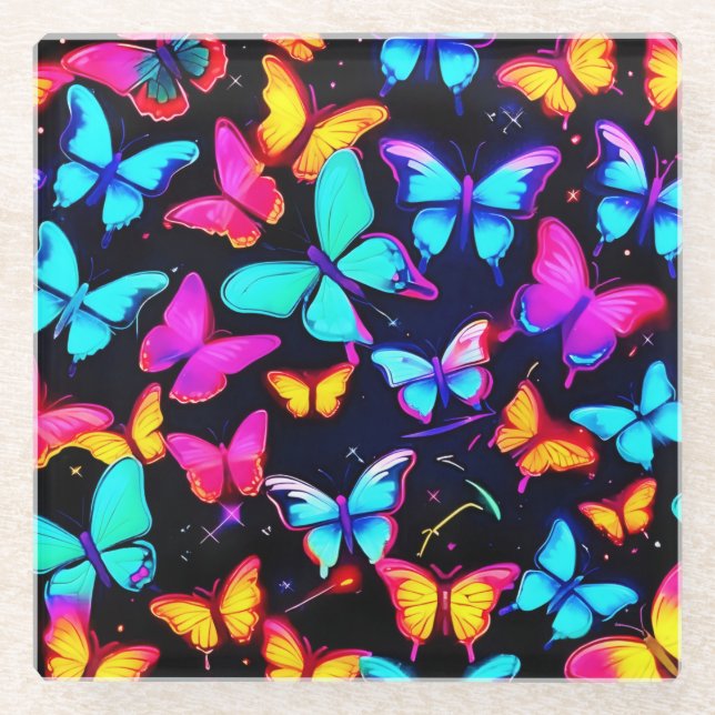 Neon Butterfly Pattern Glasuntersetzer (Vorderseite)
