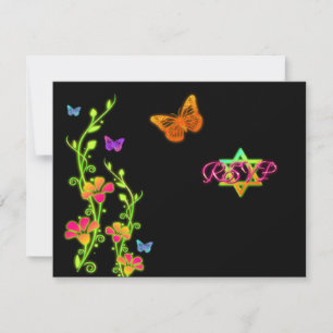 Neon Buttterfliegen & Blume Bat Mitzvah RSVP Card Karte