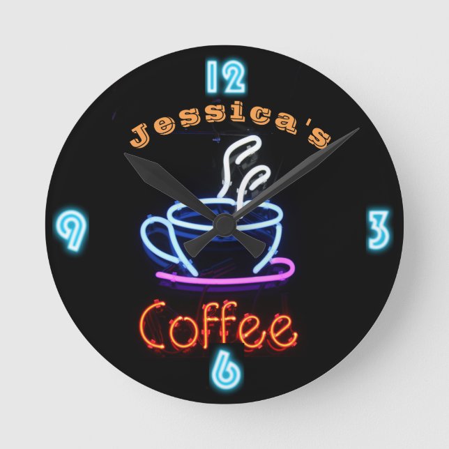 Neon CAFE COFFEE Clock Benutzerdefinierter Name Runde Wanduhr (Vorderseite)