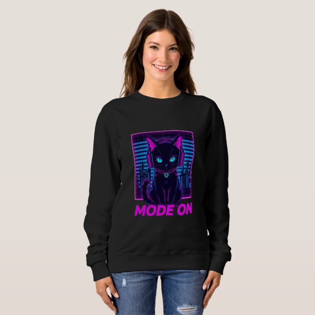 Neon Cat Mode ON - Cyberpunk Gamer Cat Hoodie & T- (Vorne ganz)