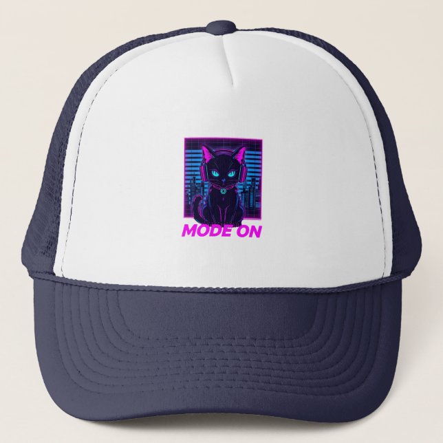 Neon Cat Mode ON - Cyberpunk Gamer Cat Hoodie & T- Truckerkappe (Vorderseite)