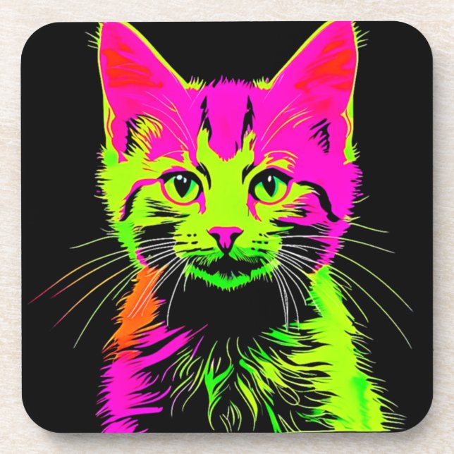 Neon Cat Portrait Getränkeuntersetzer (Vorderseite)