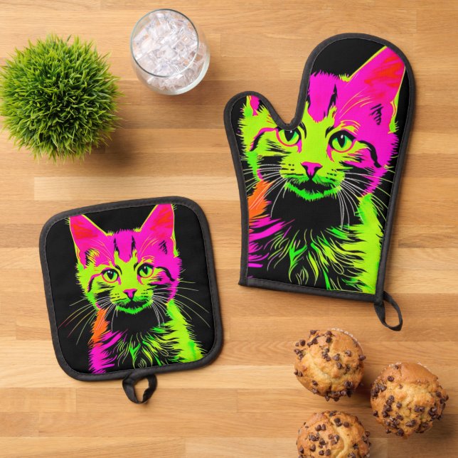 Neon Cat Portrait Ofenhandschuh & Topflappen-Set (Oben Unten)