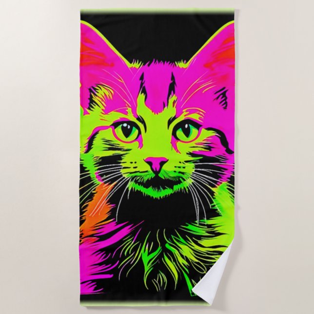 Neon Cat Portrait Strandtuch (Vorderseite)