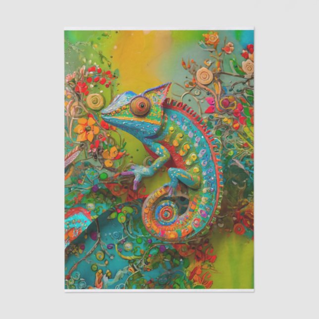 Neon Charlie Chameleon, Textile Regenwald Collage Seidenpapier (Vorderseite)