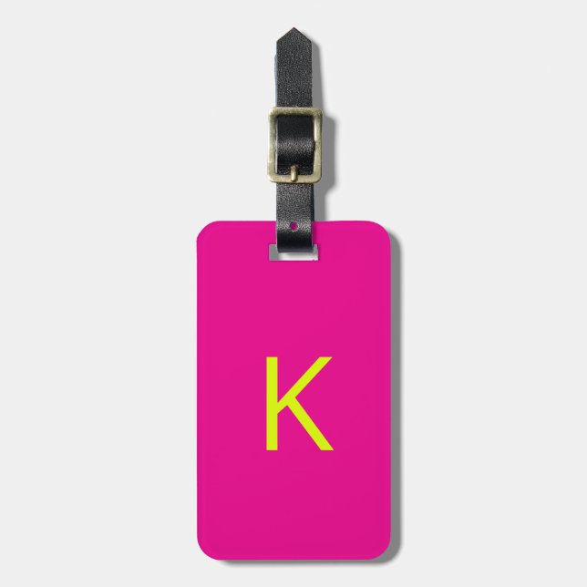 Neon Chartreuse Gelb Hot Pink Monogramm Schrift Gepäckanhänger (Vorderseite vertikal)