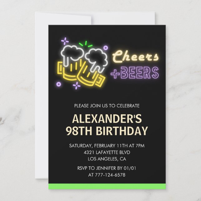 Neon Cheers Beer Chalkboard 98. Geburtstag Einladung (Vorderseite)