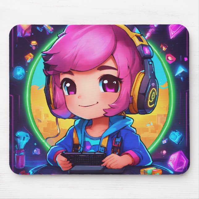 Neon Chibi Gamer Learning Design Mousepad (Vorne)