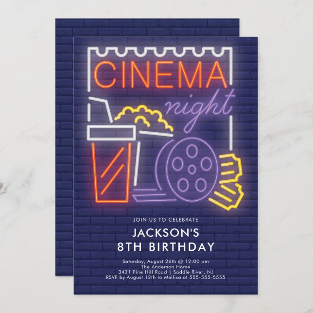 Neon Cinema Night Birthday Einladung (Vorne/Hinten)