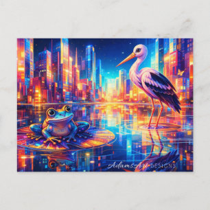Neon City Reflections: Frosch- und Reiher-Traumlan Feiertagspostkarte