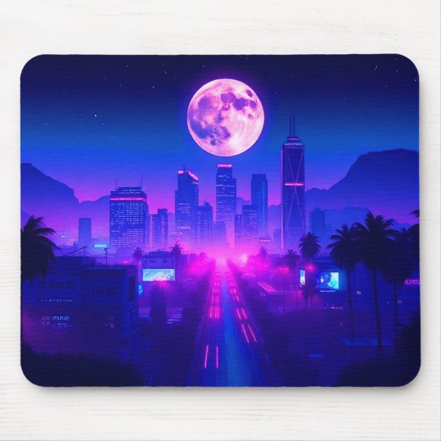 Neon City Synthwave Sunset XL Gaming Desk Mat Mousepad (Vorne)