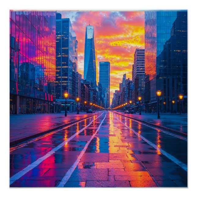 Neon Cityscape bei Sunset Futuristic Urban Poster (Vorderseite)