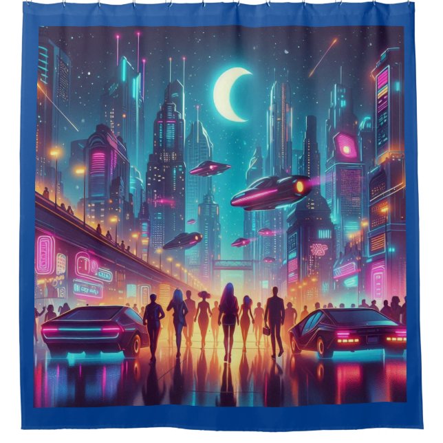 Neon Cityscape Duschvorhang (Vorderseite)