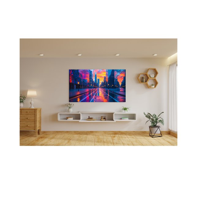 Neon Cityscape Reflections at Sunset Futuristic Fotodruck (Von Creator hochgeladen)