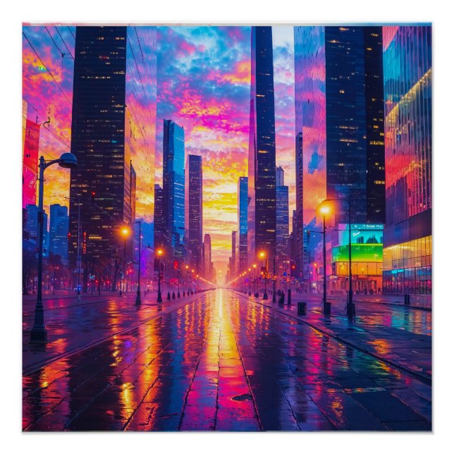 Neon Cityscape Reflections at Sunset Futuristic Poster (Vorderseite)