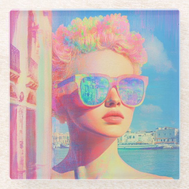 Neon Coastal Beauty mit Sonnenbrille Glasuntersetzer (Vorderseite)