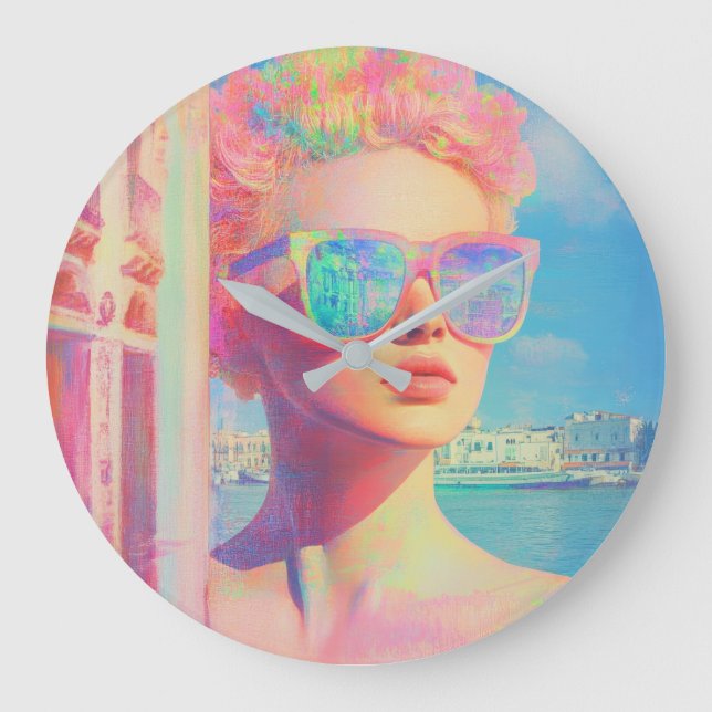 Neon Coastal Beauty mit Sonnenbrille Große Wanduhr (Vorderseite)