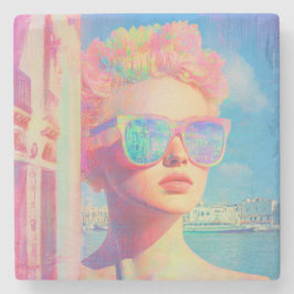 Neon Coastal Beauty mit Sonnenbrille Steinuntersetzer