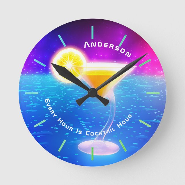 Neon COCKTAIL Hour Tropical Personalized Wall Runde Wanduhr (Vorderseite)