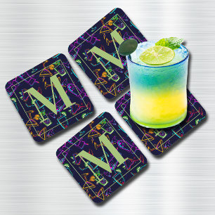 Neon-Cocktails und Getränke auf schwarzem Monogram Getränkeuntersetzer