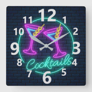Neon Cocktails Zeichen Quadratische Wanduhr