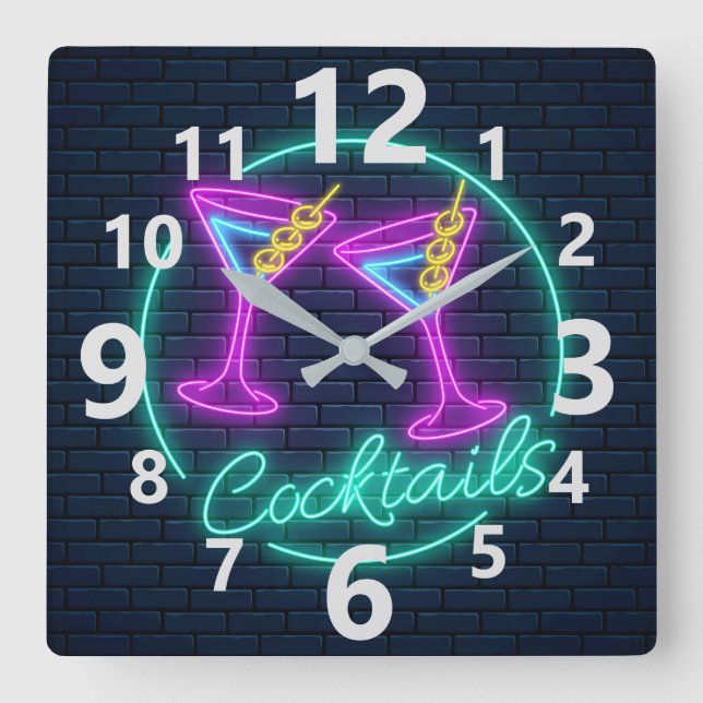 Neon Cocktails Zeichen Quadratische Wanduhr (Vorderseite)