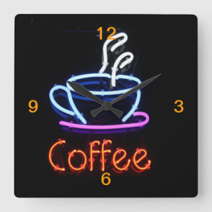 Neon Coffee Sign auf Black Quadratische Wanduhr